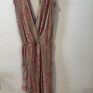 Floral V-Neck Dress in Pink and Tan